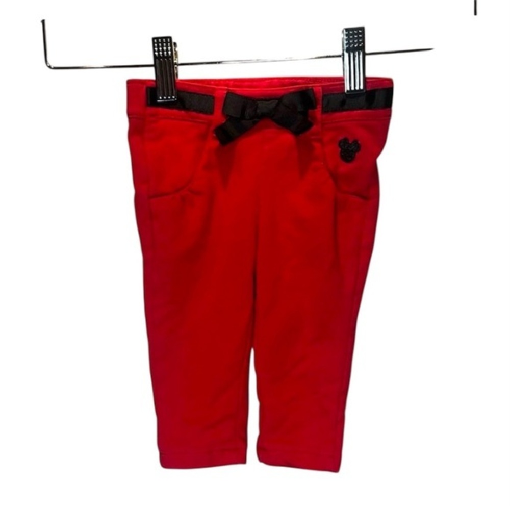 Disney Baby Girl’s Red Black Minnie Mouse Pull on Bow Belt Pants Size 12 Months